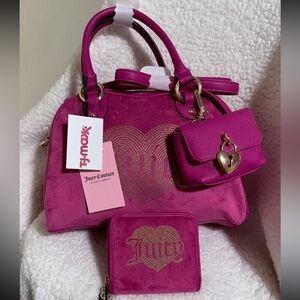 NWT Juicy Couture “Queen Couture” Satchel w Mini Bag and Wallet, Pink